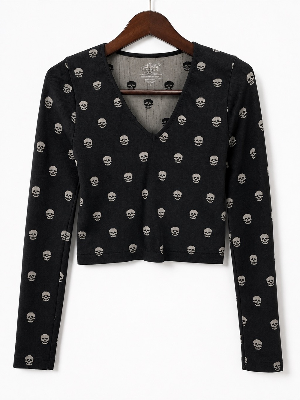 Just Polly Black Skull Print Ribbed Stretch Long Sleeve Crop Top Large